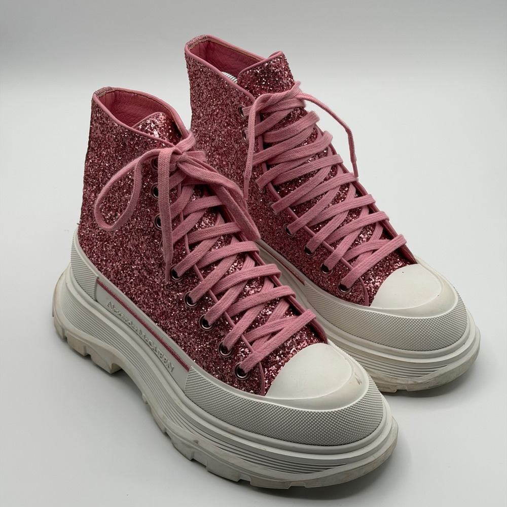 Alexander McQueen Pink Glitter Tread Slick High Top Sneakers 666806 Size 37.5